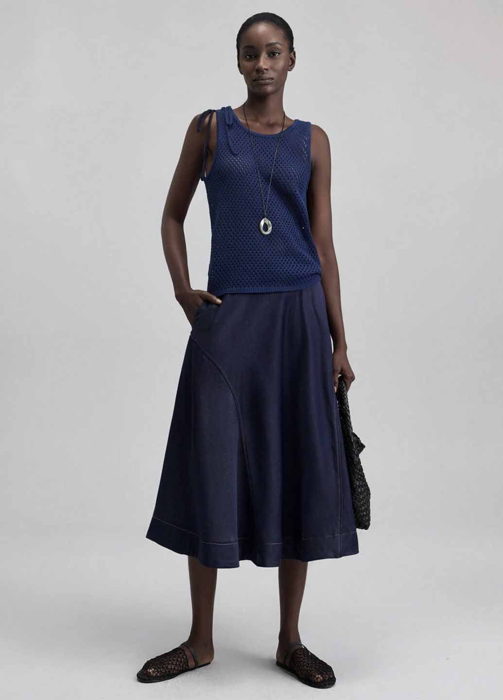 Темно-синяя джинсовая однотонная юбка SHEIN а-силуэта (трапеция)