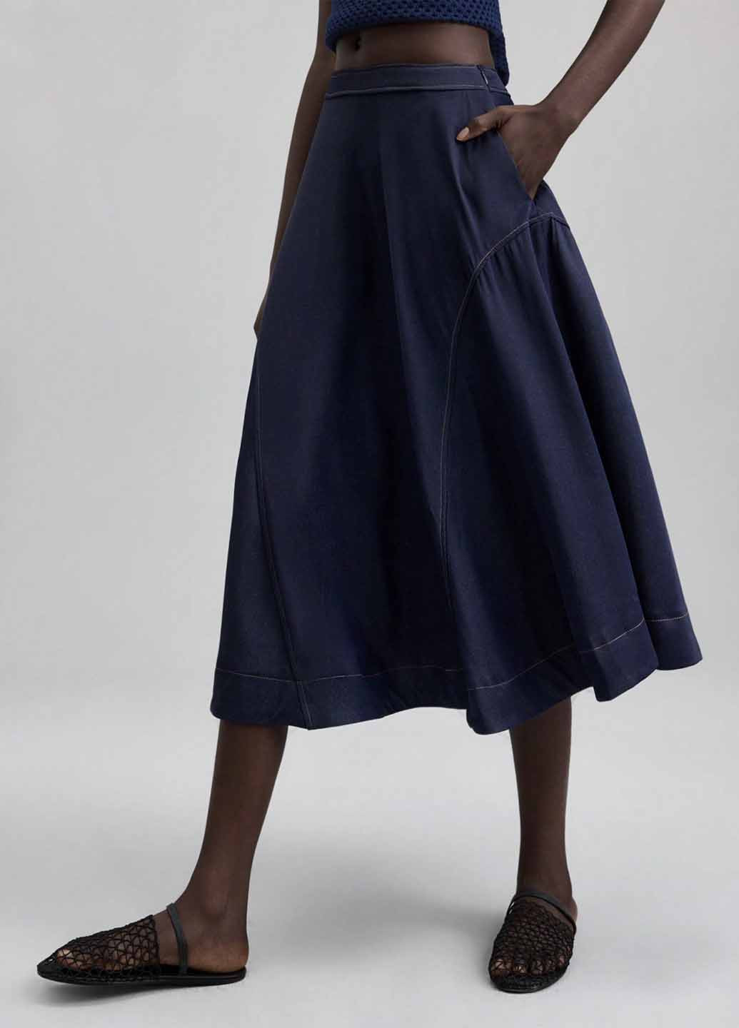 Темно-синяя джинсовая однотонная юбка SHEIN а-силуэта (трапеция)