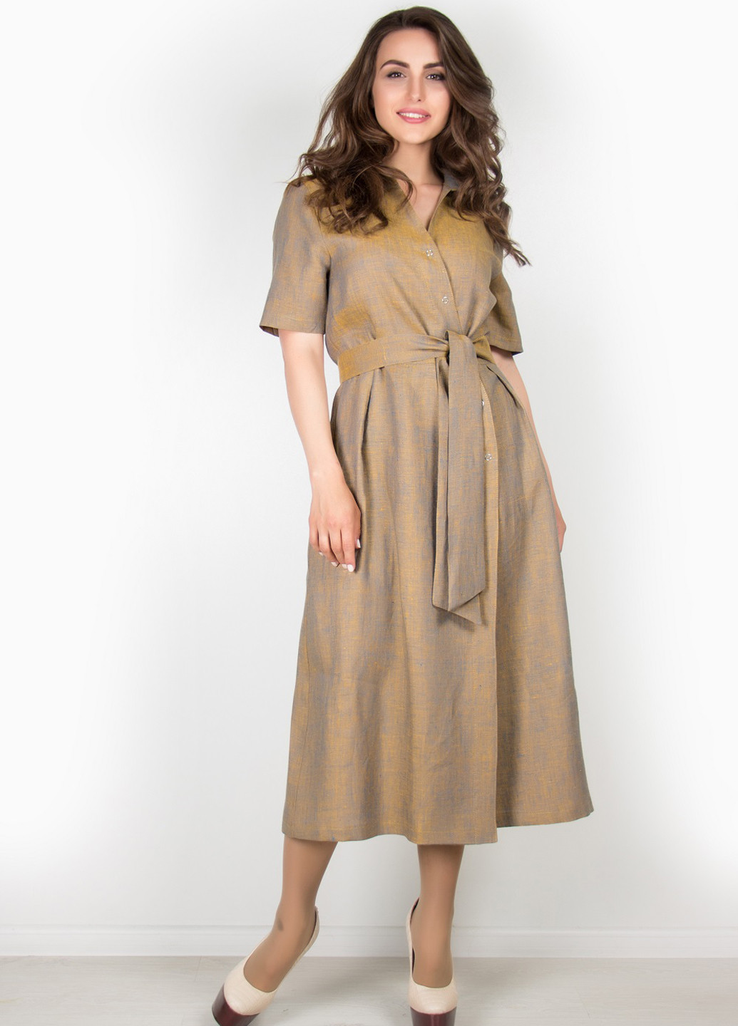 Оливковое (хаки) кэжуал платье рубашка O`zona milano меланжевое
