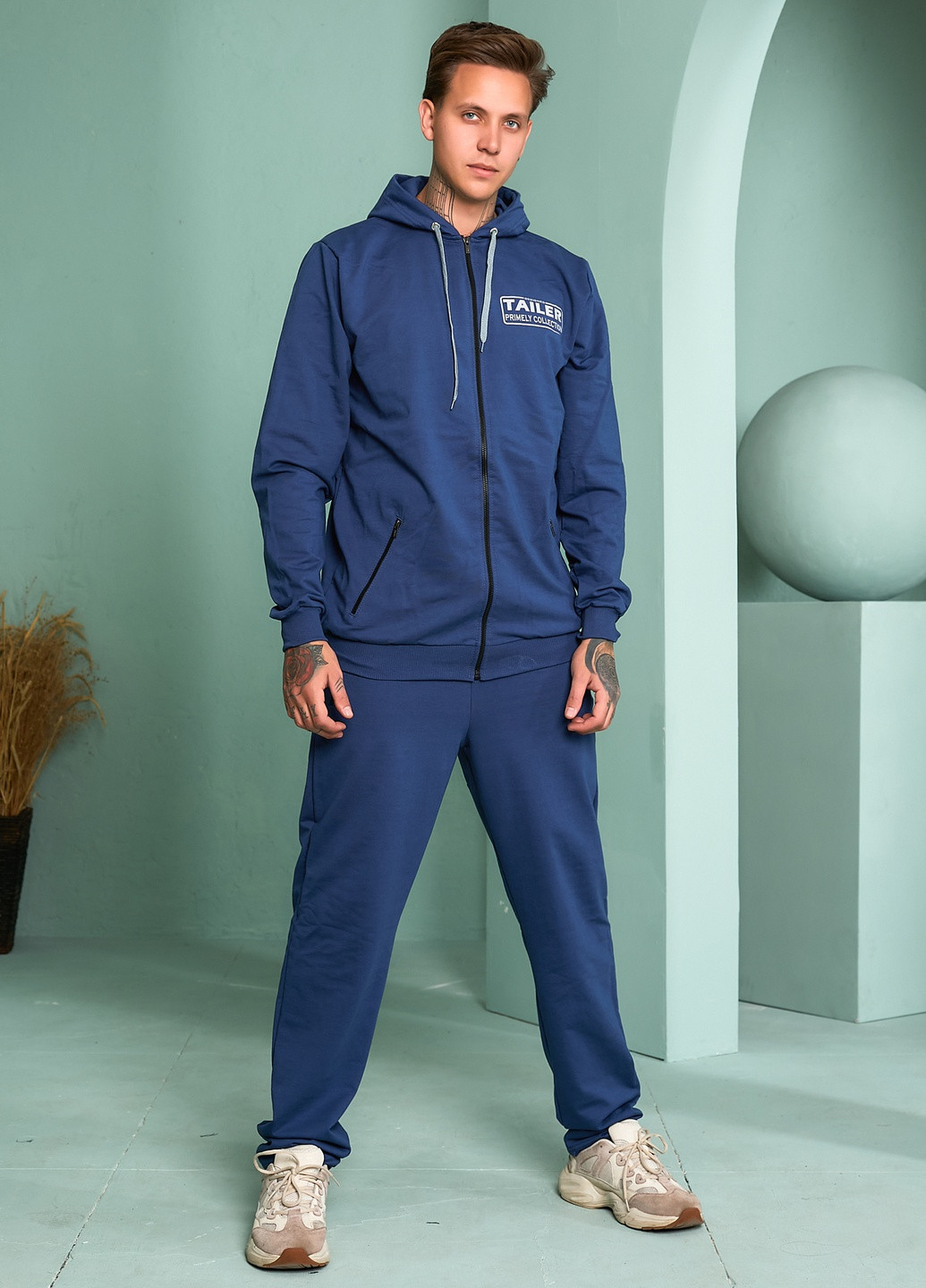 Синий демисезонный трикотажный удлиненный демисезонный спортивный костюм с капюшоном Tailer