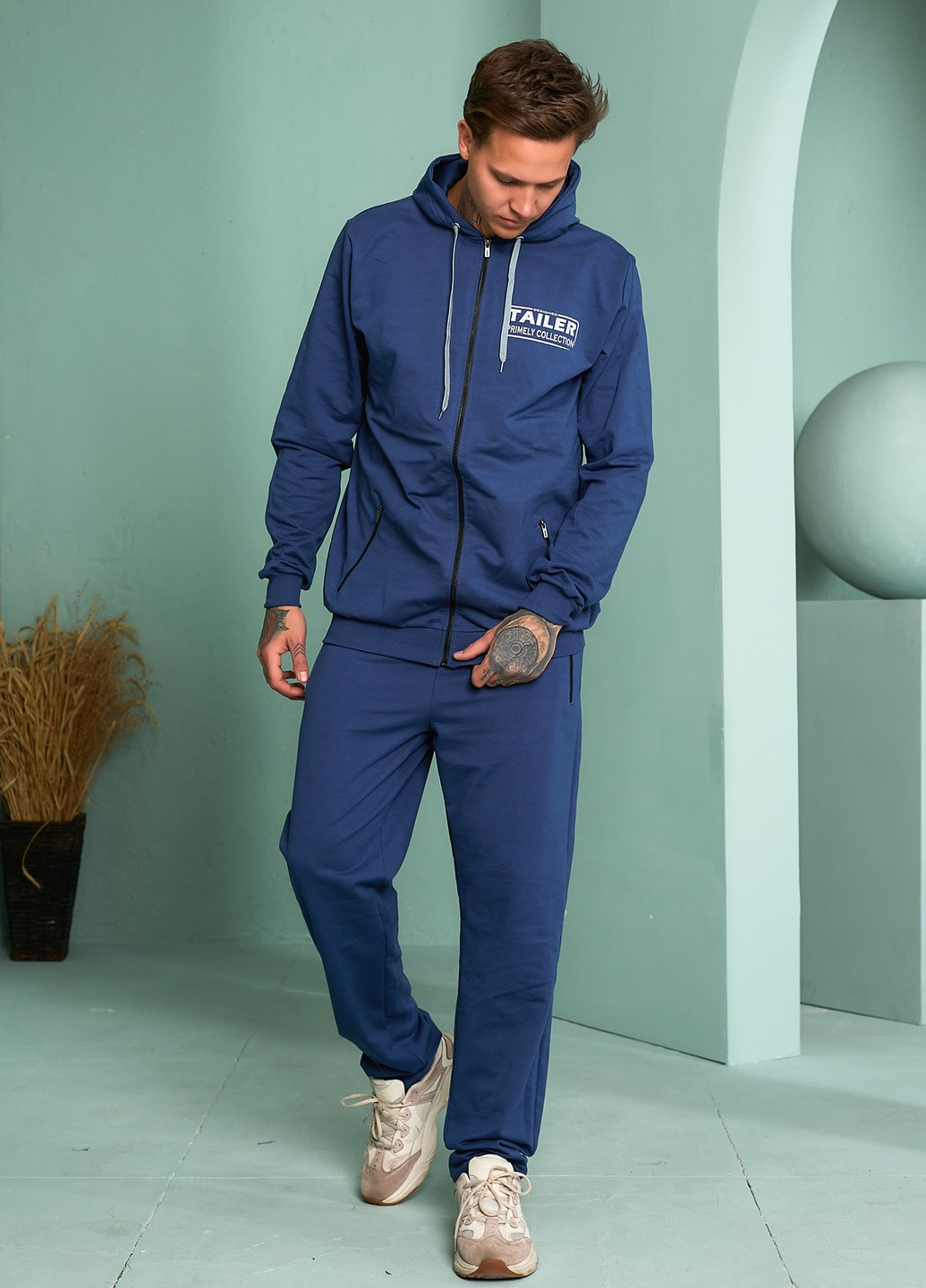 Синий демисезонный трикотажный удлиненный демисезонный спортивный костюм с капюшоном Tailer