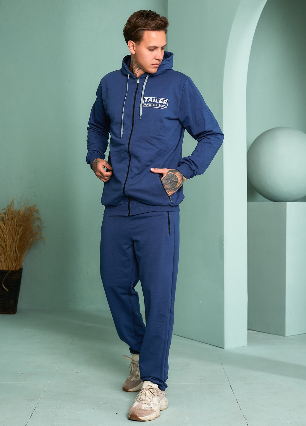 Синий демисезонный трикотажный удлиненный демисезонный спортивный костюм с капюшоном Tailer