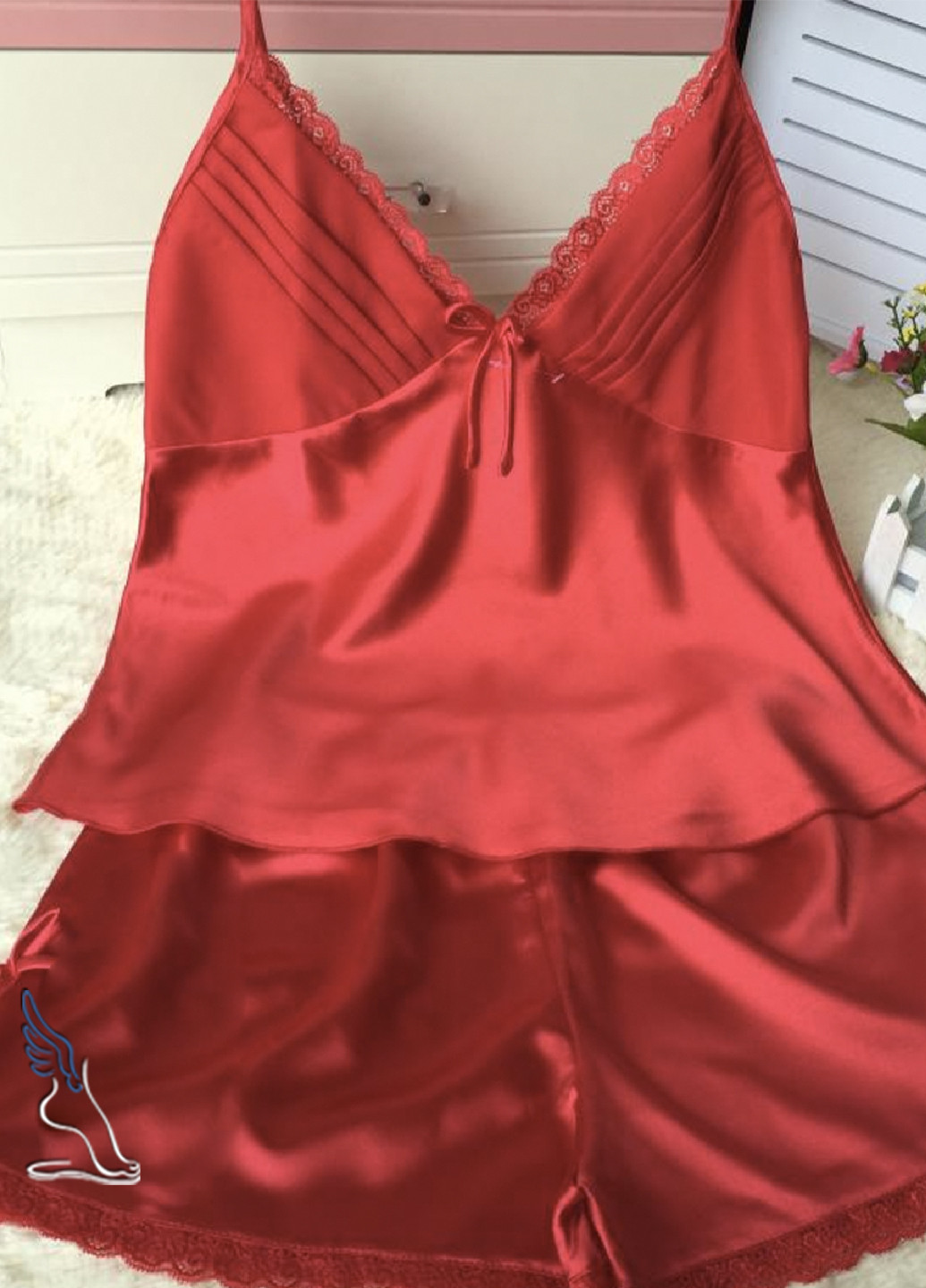 Красная всесезон комплект женская шелковая пижама майка и шорты sleep & beauty No Brand