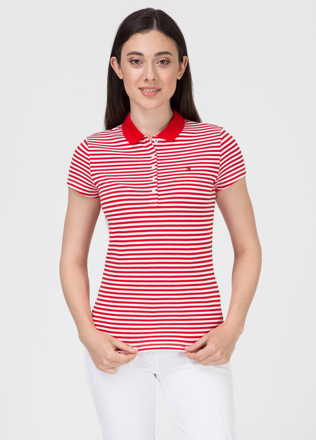 Красная женская футболка-поло Tommy Hilfiger в полоску