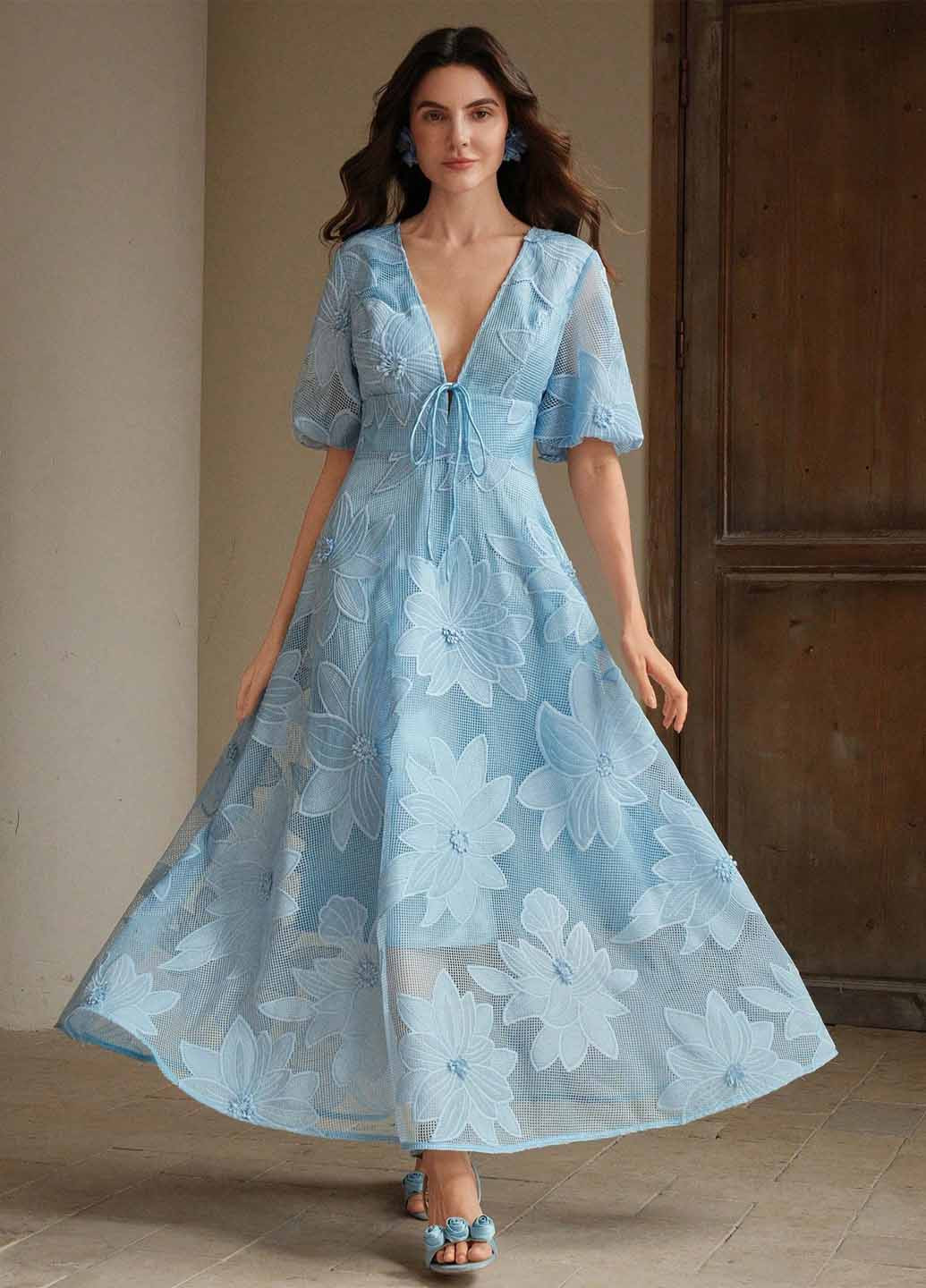 Голубое вечернее, кэжуал платье с юбкой-солнце, в стиле ампир SHEIN с цветочным принтом