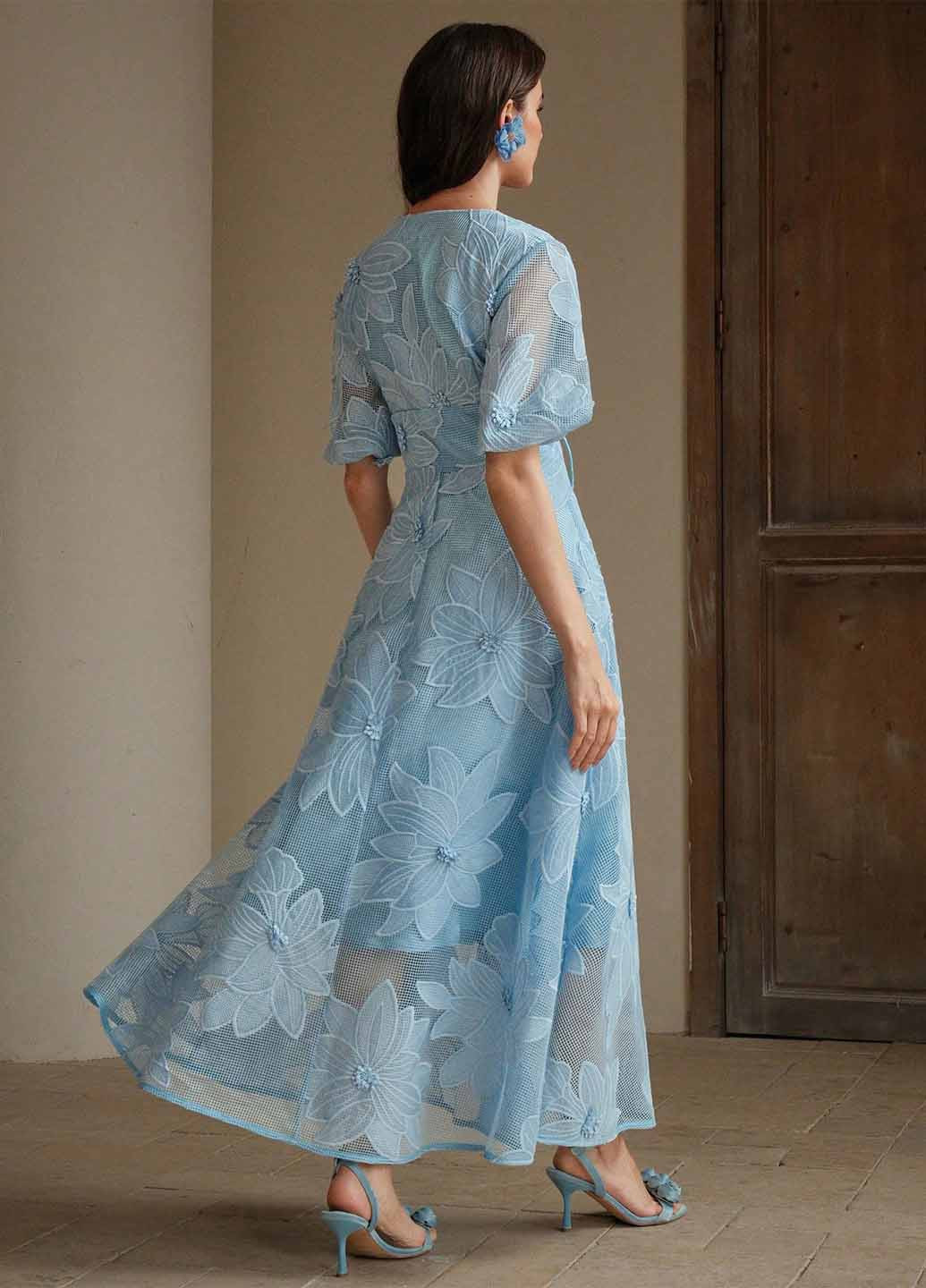 Голубое вечернее, кэжуал платье с юбкой-солнце, в стиле ампир SHEIN с цветочным принтом