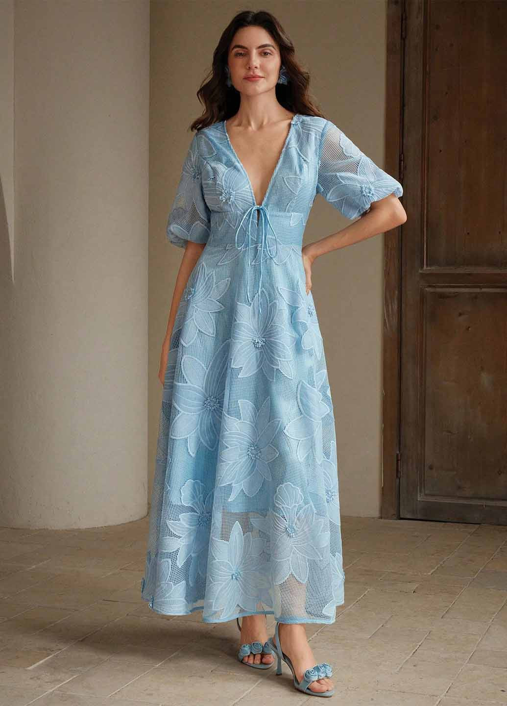 Голубое вечернее, кэжуал платье с юбкой-солнце, в стиле ампир SHEIN с цветочным принтом