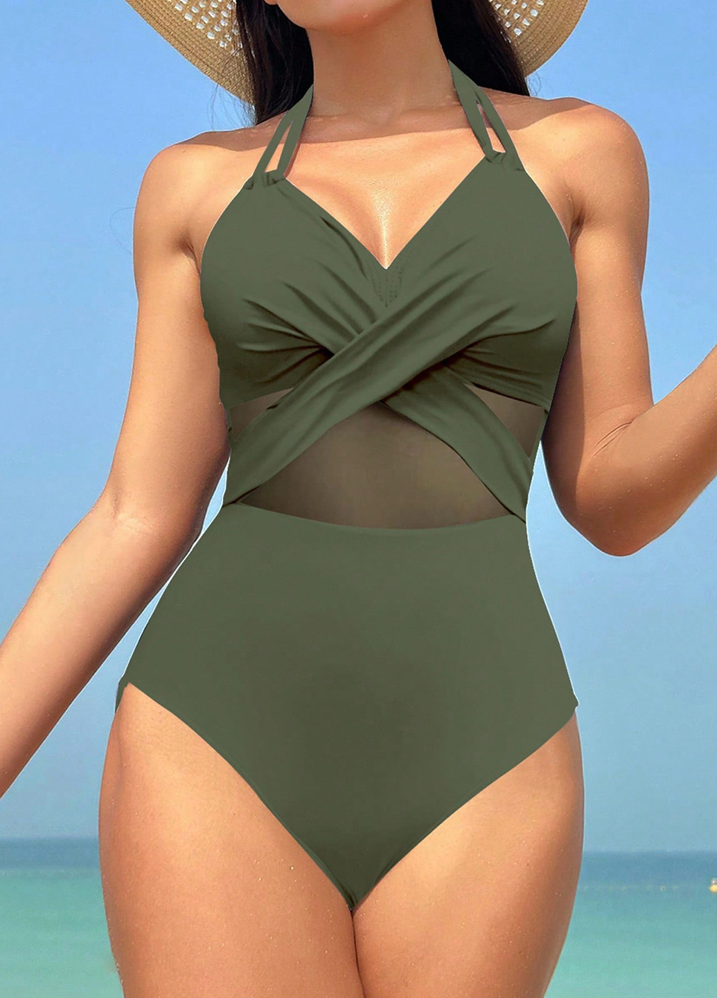 Сіро-зелений демісезонний купальник суцільний, халтер SHEIN