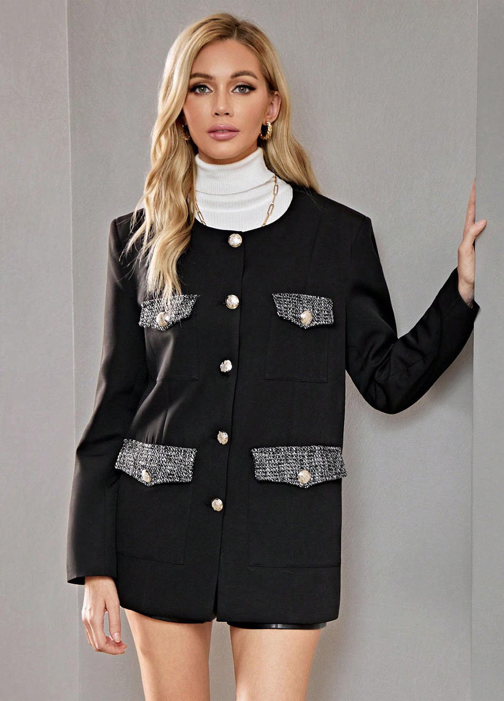 Чорне Кежуал напівпальто однобортне SHEIN однотонне