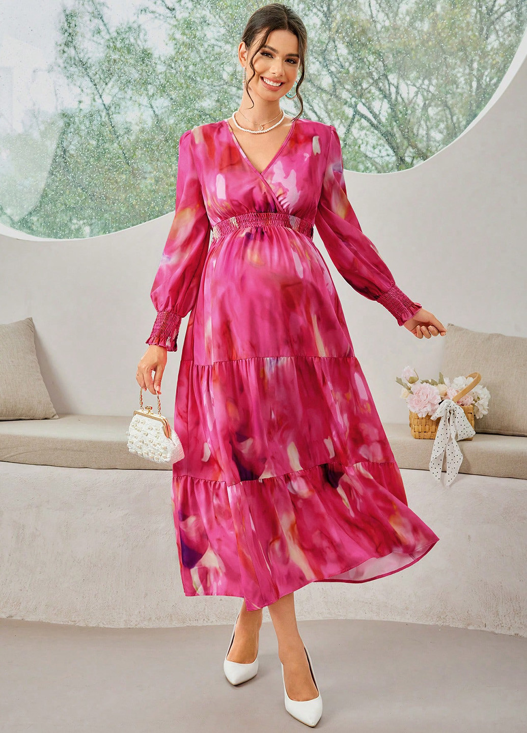 Фуксиновое (цвета Фуксия) праздничный, кэжуал платье для беременных клеш SHEIN с абстрактным узором