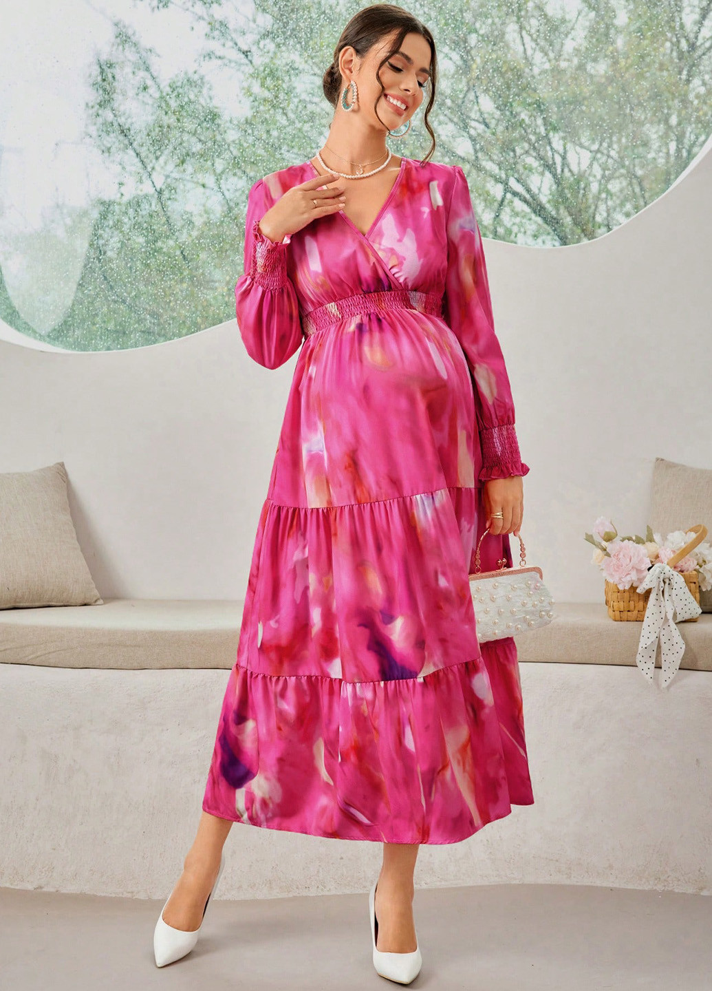 Фуксиновое (цвета Фуксия) праздничный, кэжуал платье для беременных клеш SHEIN с абстрактным узором