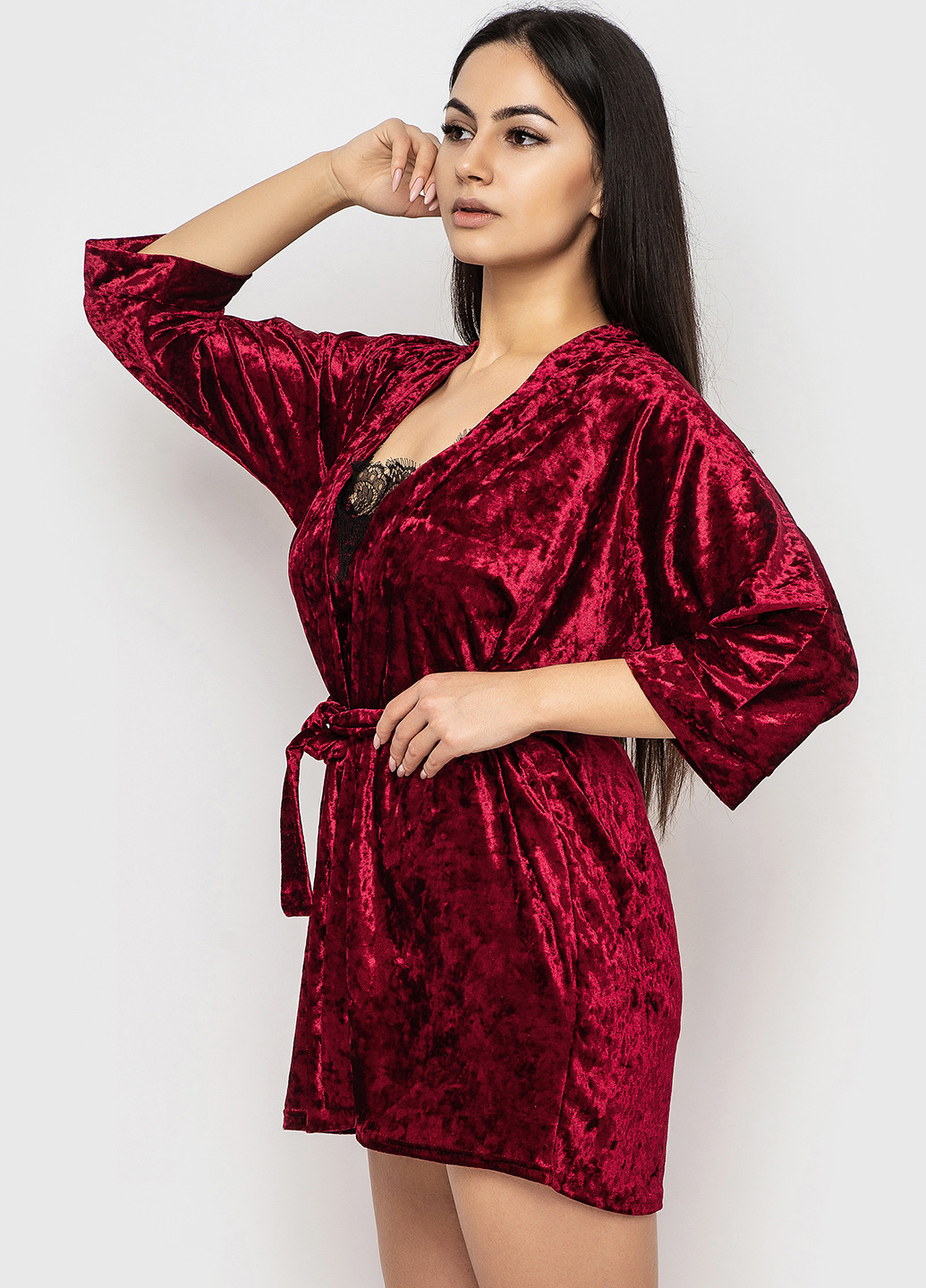 Бордовий демісезонний комплект (топ, шорти, халат) Ghazel