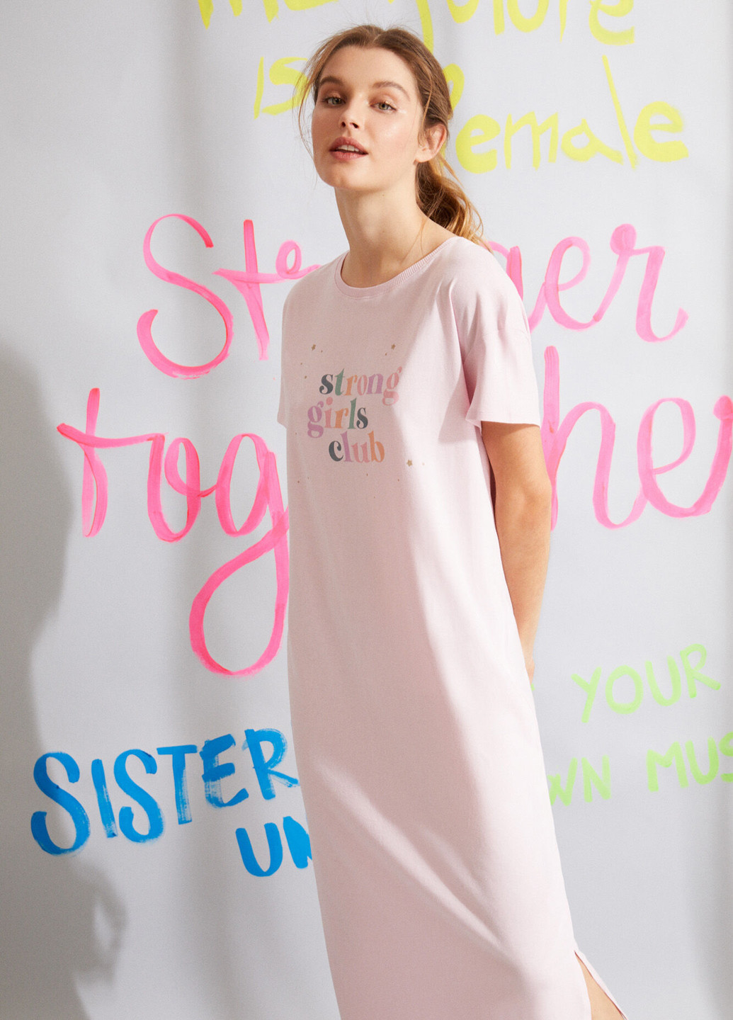 Ночная рубашка Women'secret надпись светло-розовая домашняя трикотаж, хлопок