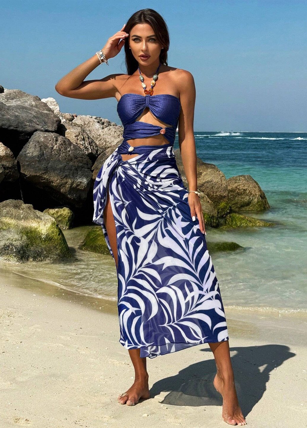 Темно-синий летний комплект (купальник, парео) слитный, монокини SHEIN