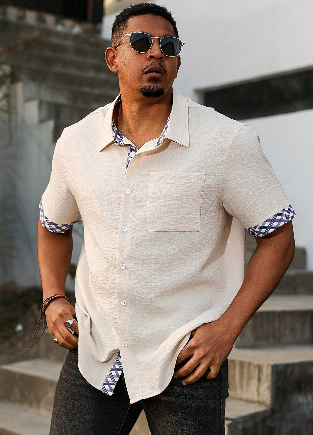 Кремовая классическая, кэжуал рубашка колор блок SHEIN