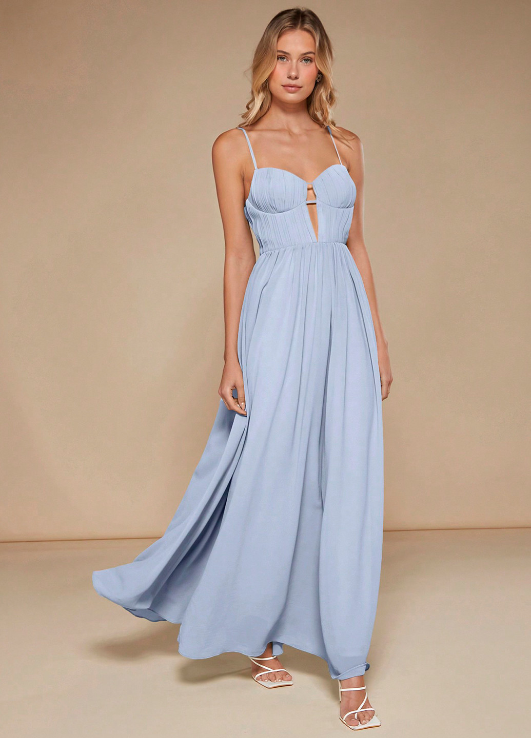 Светло-голубое праздничный, вечернее платье а-силуэт, с корсетом, платье-водолазка, с открытой спиной SHEIN однотонное