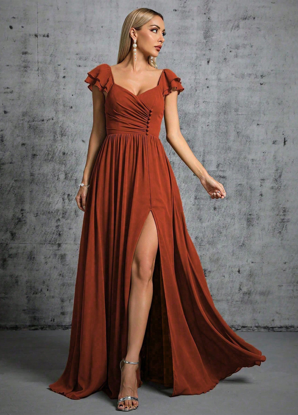 Терракотовое вечернее платье клеш, с открытой спиной SHEIN однотонное