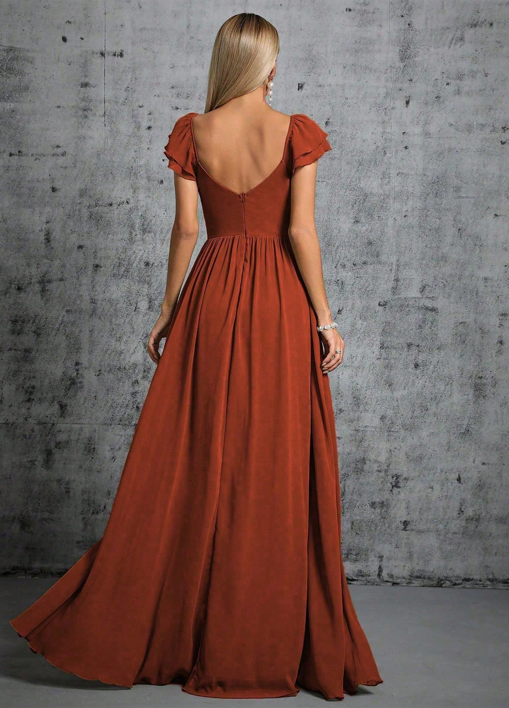 Терракотовое вечернее платье клеш, с открытой спиной SHEIN однотонное