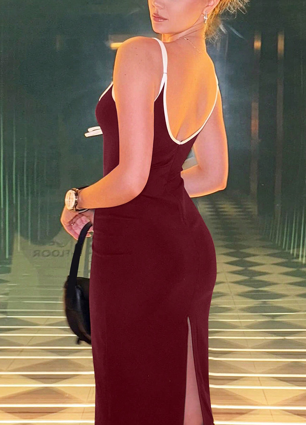Вишневое вечернее, кэжуал платье силуэтная, с открытой спиной SHEIN однотонное