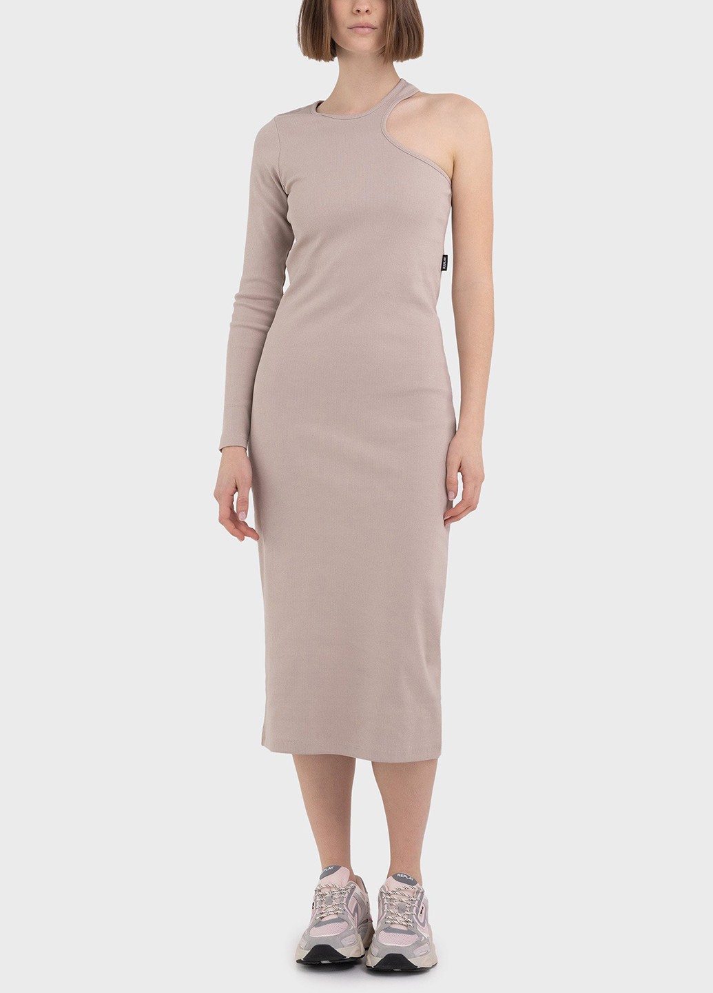 Бежевое кэжуал платье на одно плечо Replay однотонное