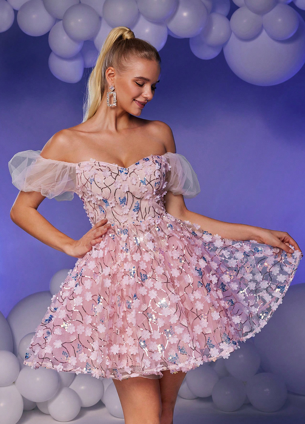 Розовое праздничный, коктейльное платье бэби долл, с открытыми плечами SHEIN однотонное