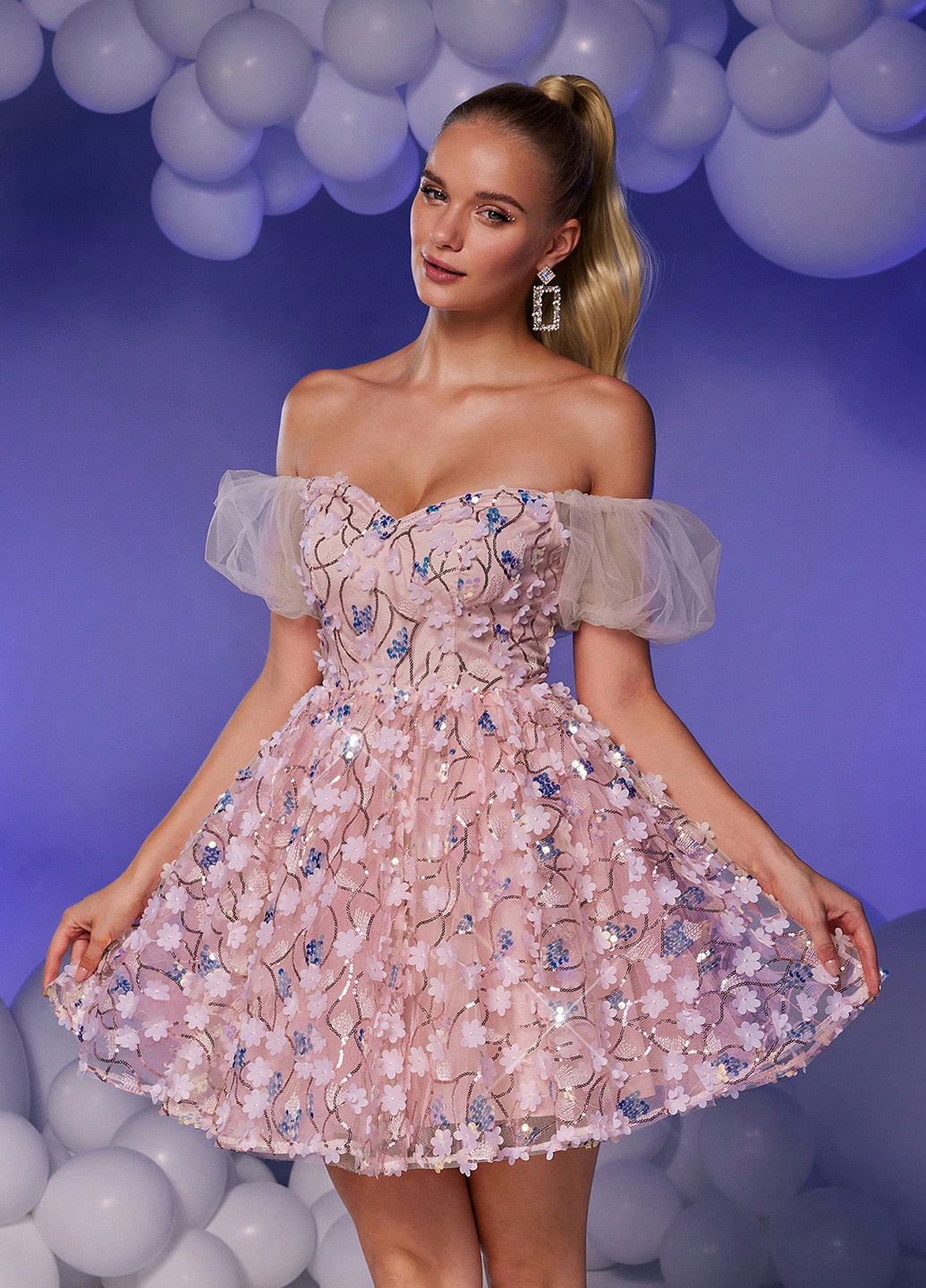 Розовое праздничный, коктейльное платье бэби долл, с открытыми плечами SHEIN однотонное