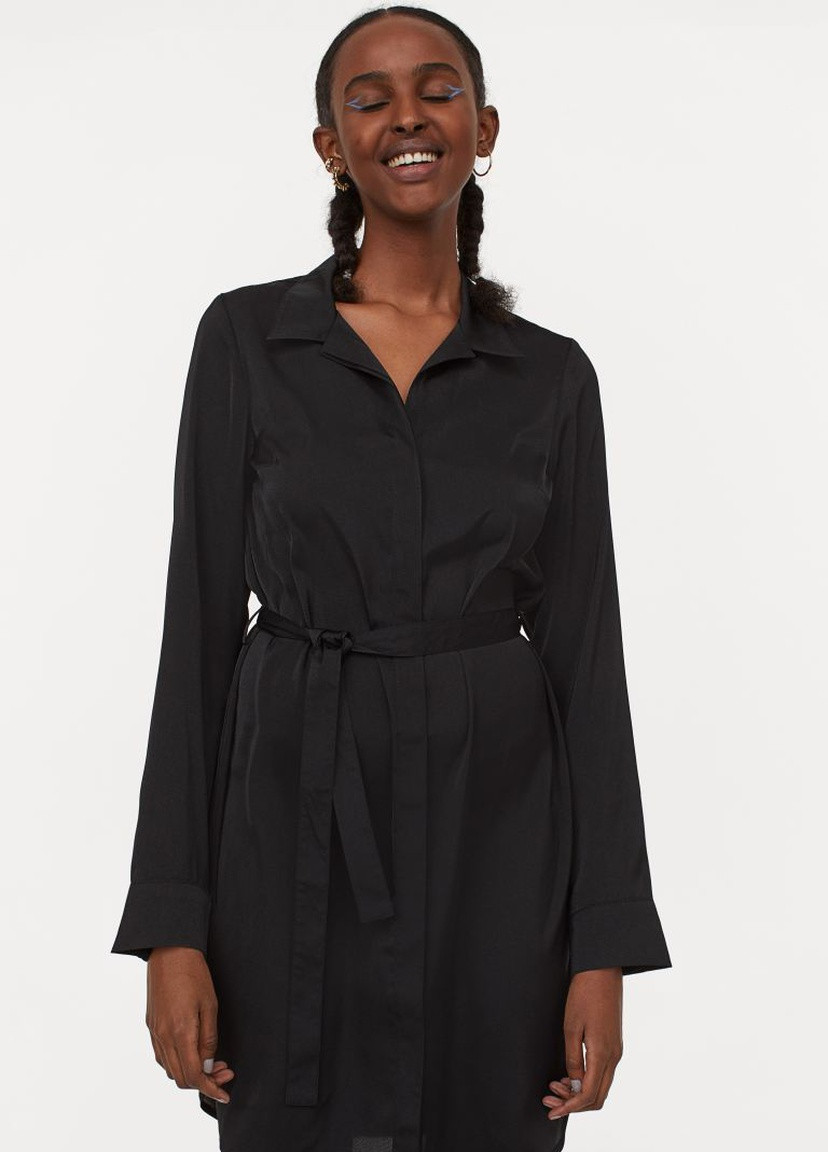 Черное кэжуал короткое платье-рубашка H&M однотонное