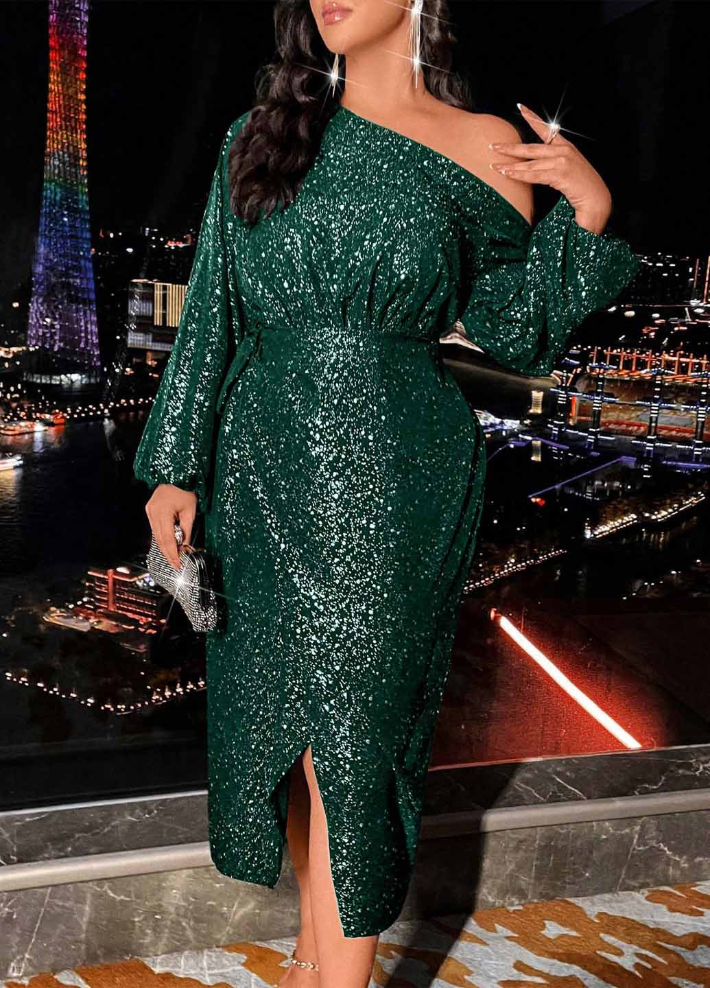 Темно-зеленое праздничный, вечернее платье на запах, футляр SHEIN однотонное