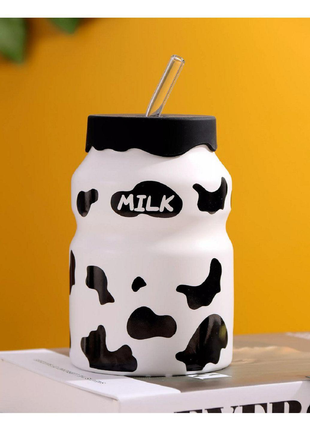 Чашка керамическая с силиконовой крышкой и стеклянной трубочкой "Milk" 500 мл бело-черная (66-6978-3) No Brand (254035550)