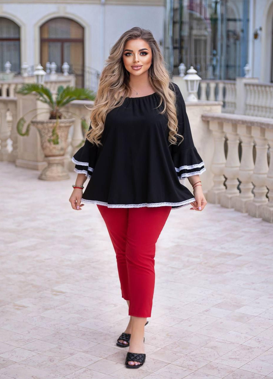 Черная женская блуза рюши софт с кружевной отделкой черного цвета 357846 New Trend