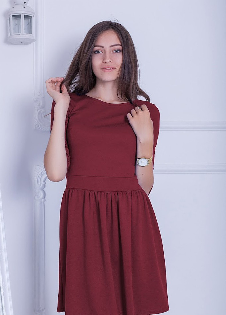 Бордова кежуал симпатичне лялькове плаття з рукавом три чверті з французького трикотажу avicen бордовий Podium однотонна