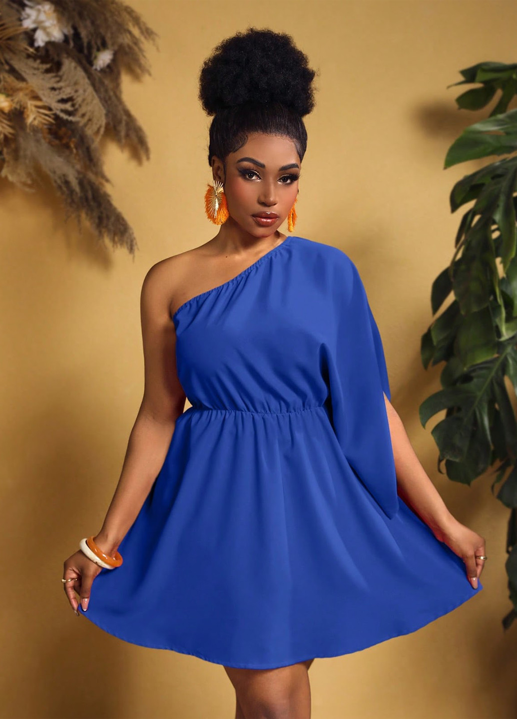 Синя кежуал, коктейльна сукня на одне плече SHEIN однотонна