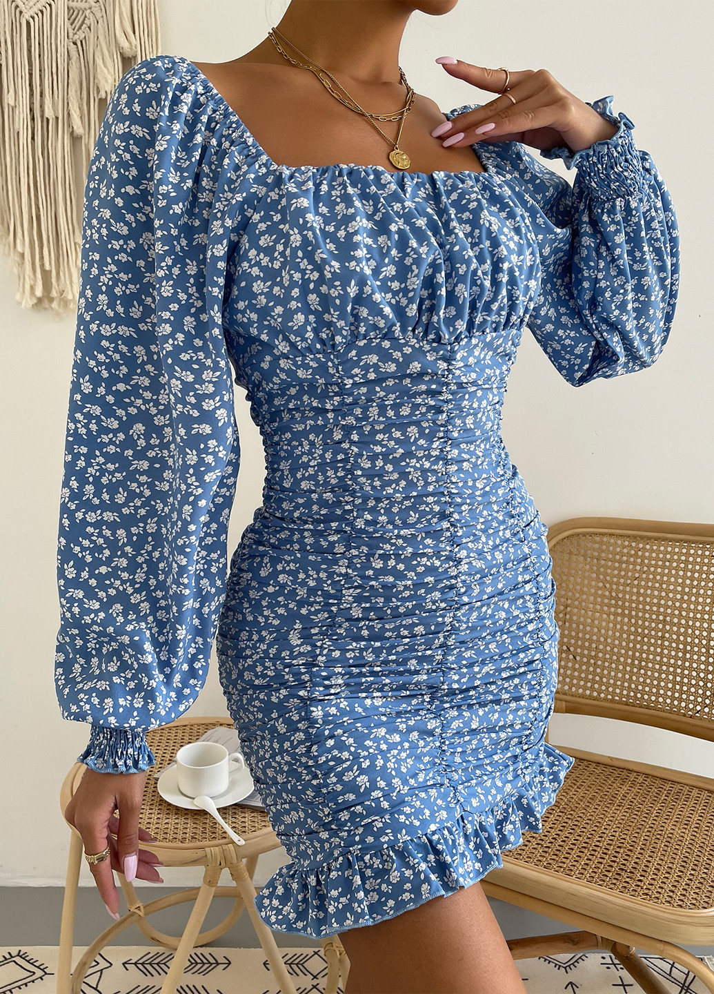 Синее кэжуал платье футляр SHEIN с цветочным принтом