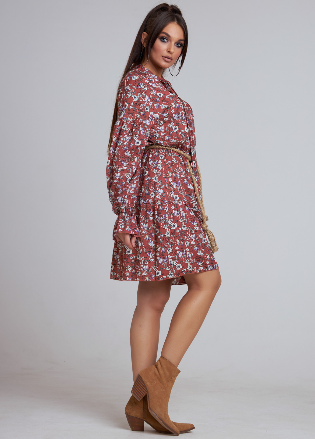 Теракотова кежуал сукня кльош ST-Seventeen з квітковим принтом