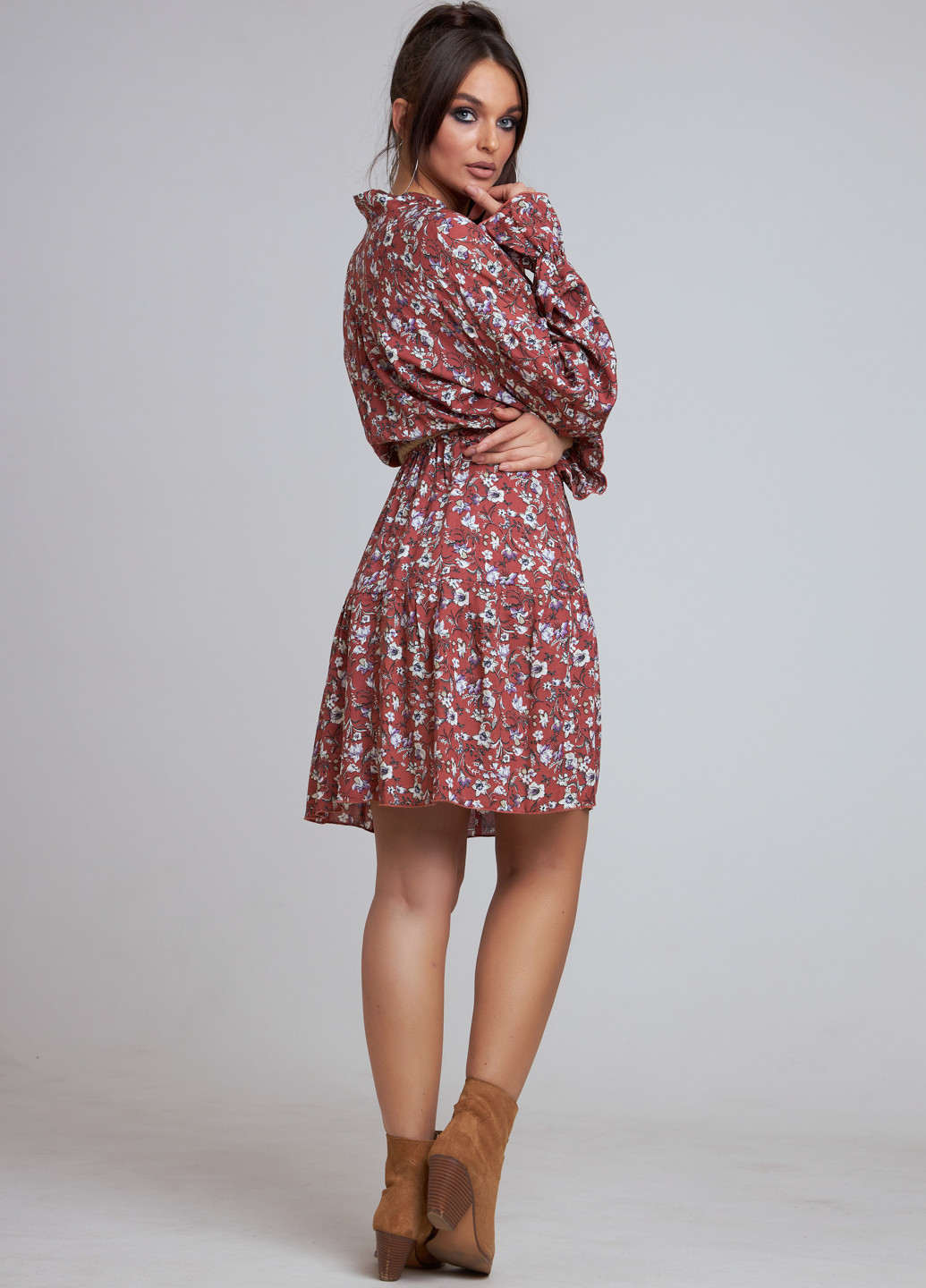Терракотовое кэжуал платье клеш ST-Seventeen с цветочным принтом