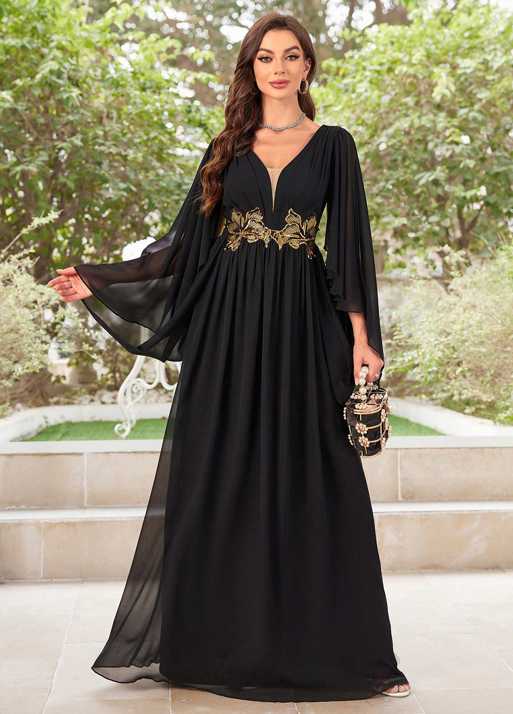 Черное вечернее платье клеш, в стиле ампир SHEIN однотонное