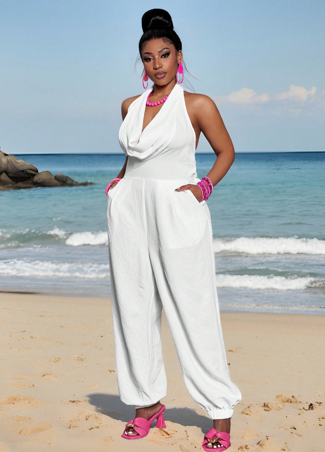 Комбінезон SHEIN комбінезон-брюки однотонний білий вечірній, кежуал поліестер