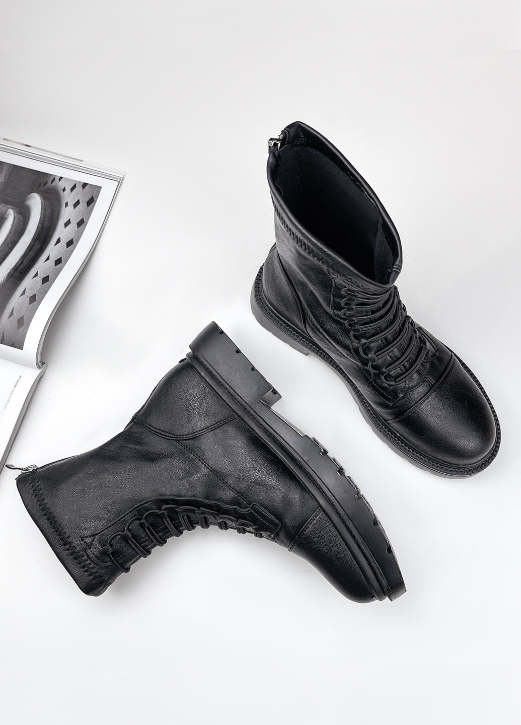 Високі жіночі черевики на шнурках чорні шкіра стрейчові Fashion (251198621)