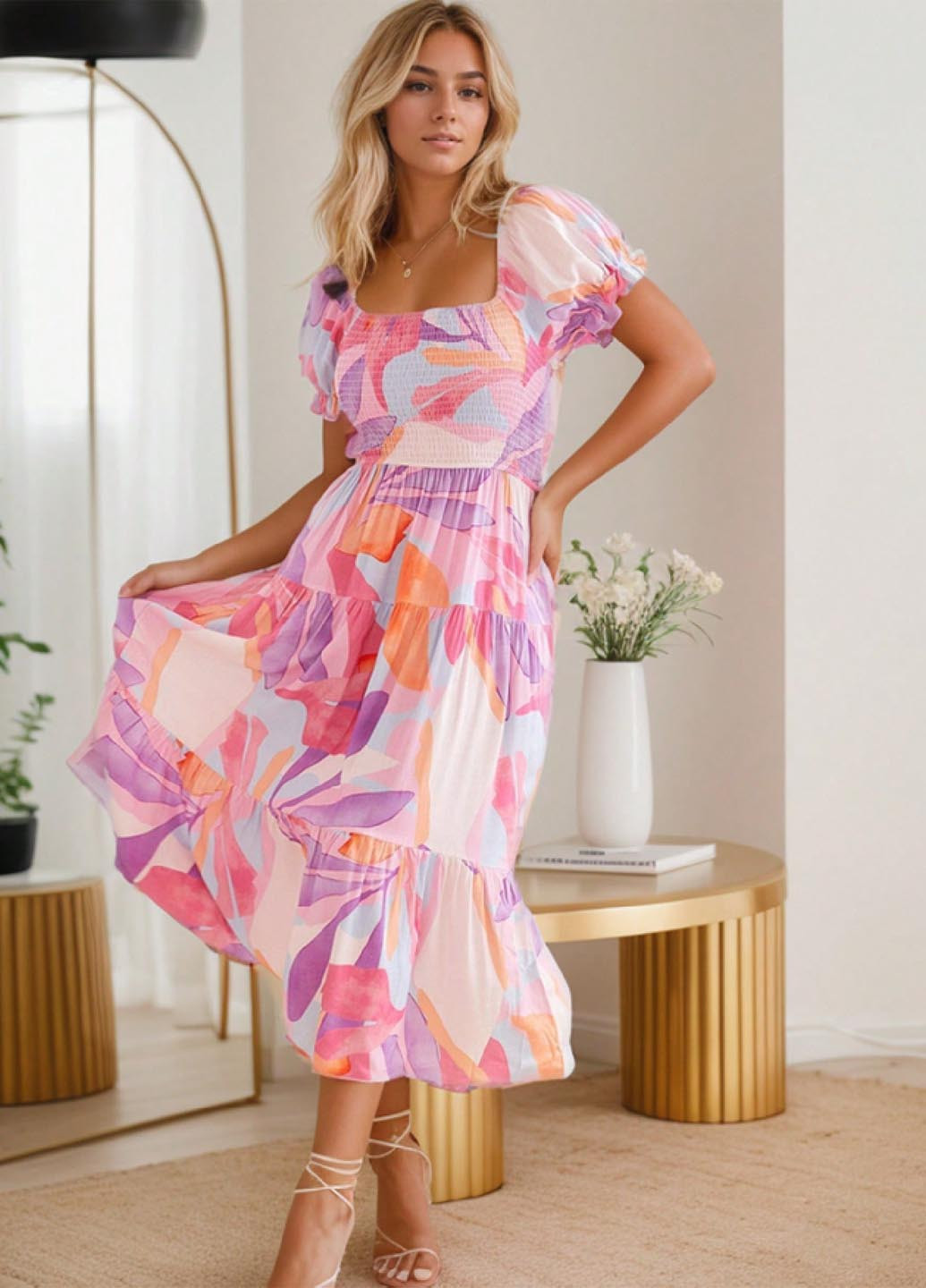 Комбинированное кэжуал платье клеш SHEIN с цветочным принтом