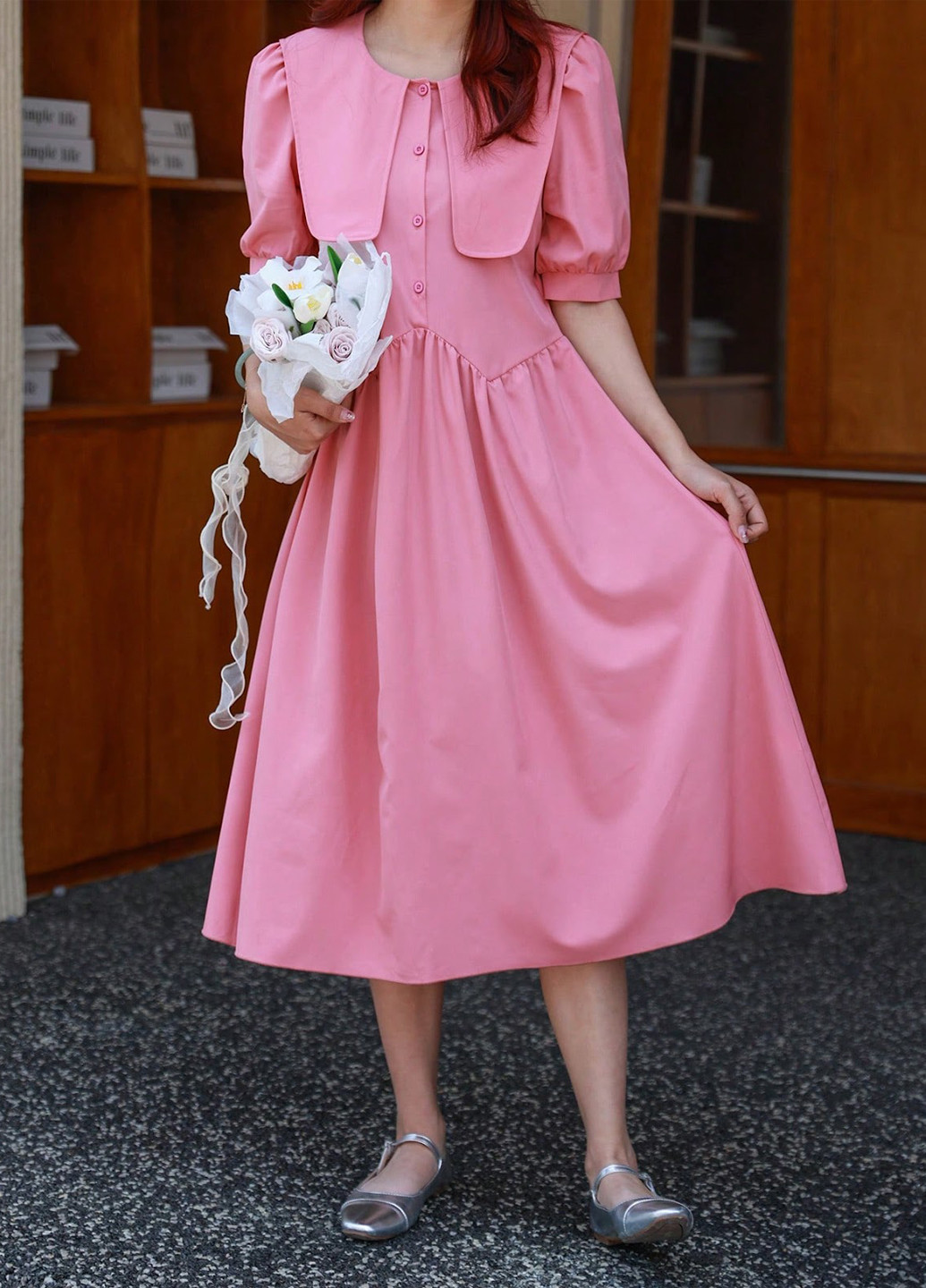 Светло-розовое кэжуал платье а-силуэт SHEIN однотонное