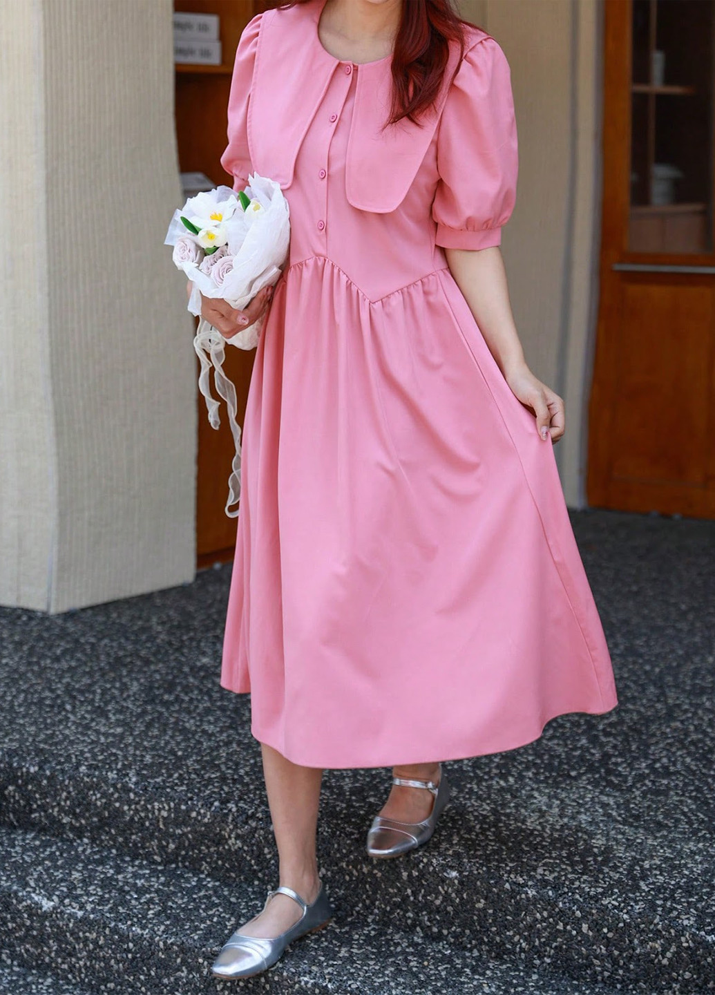 Светло-розовое кэжуал платье а-силуэт SHEIN однотонное