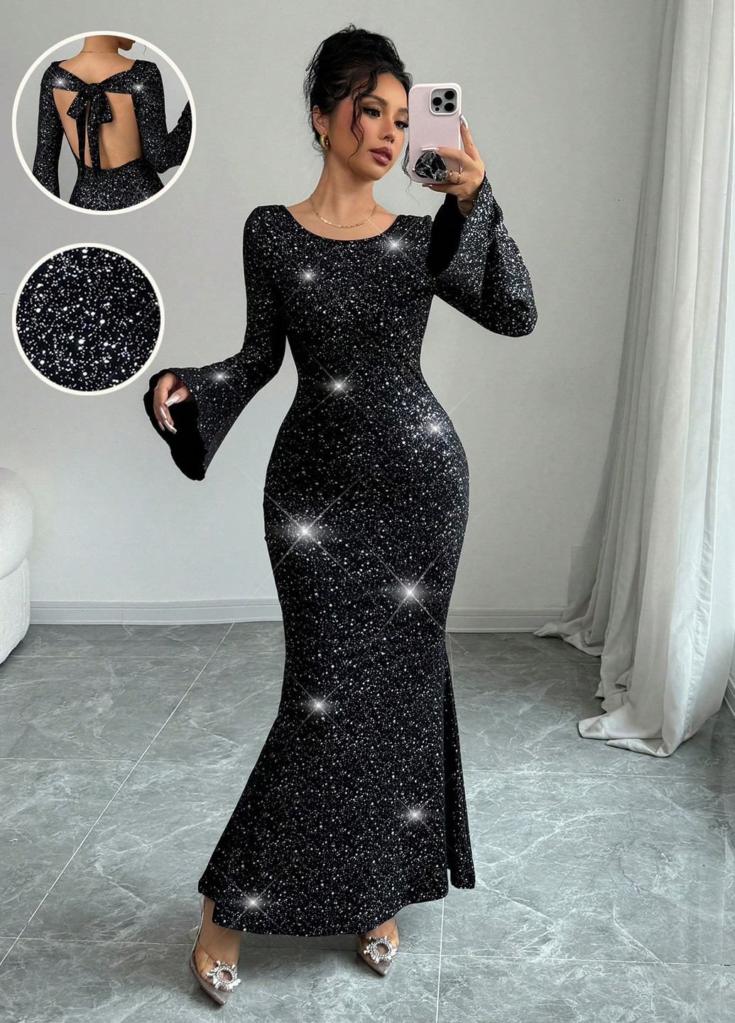 Чорна вечірня сукня годе, з відкритою спиною SHEIN з візерунком "перець з сіллю"