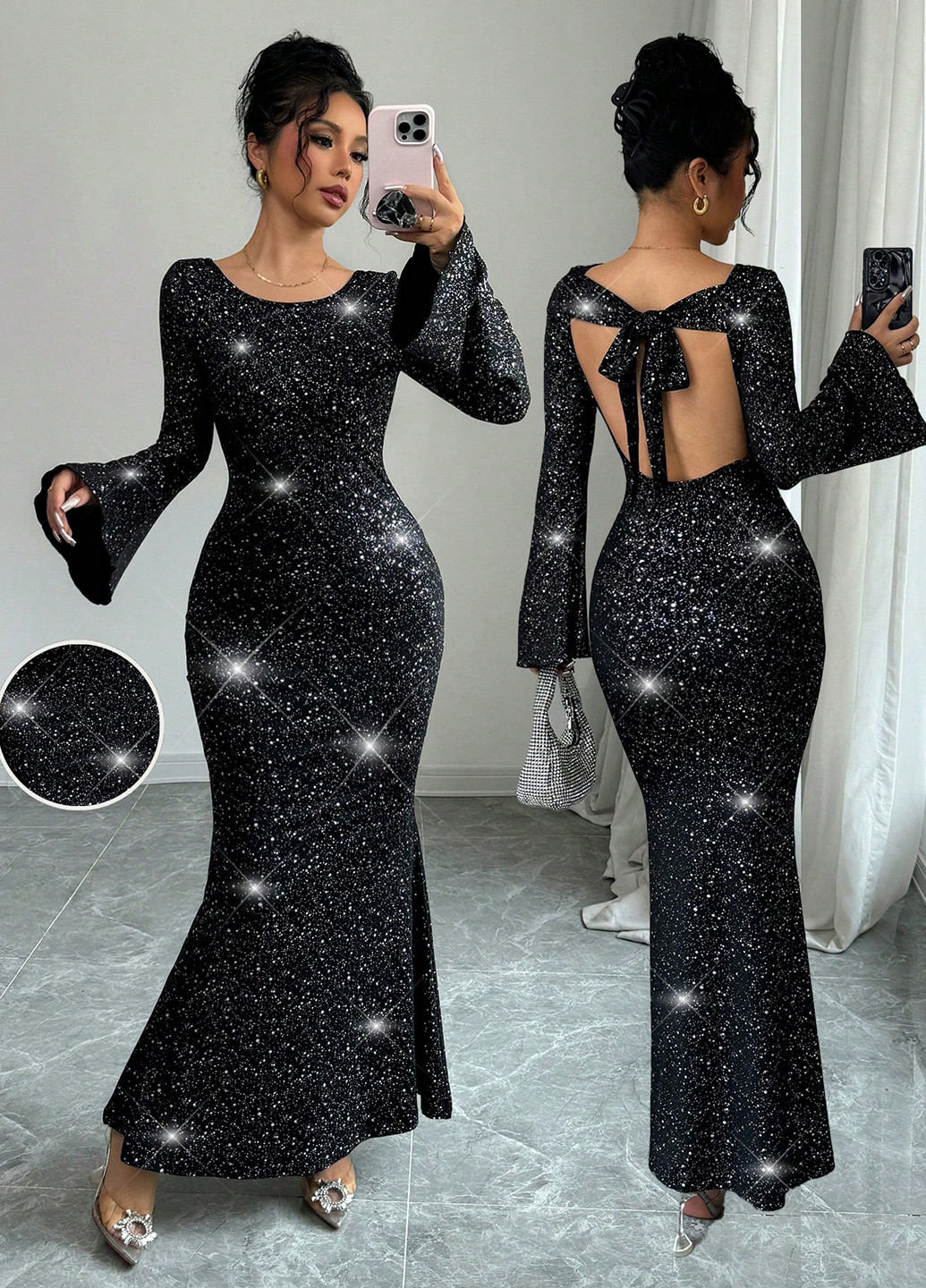 Чорна вечірня сукня годе, з відкритою спиною SHEIN з візерунком "перець з сіллю"