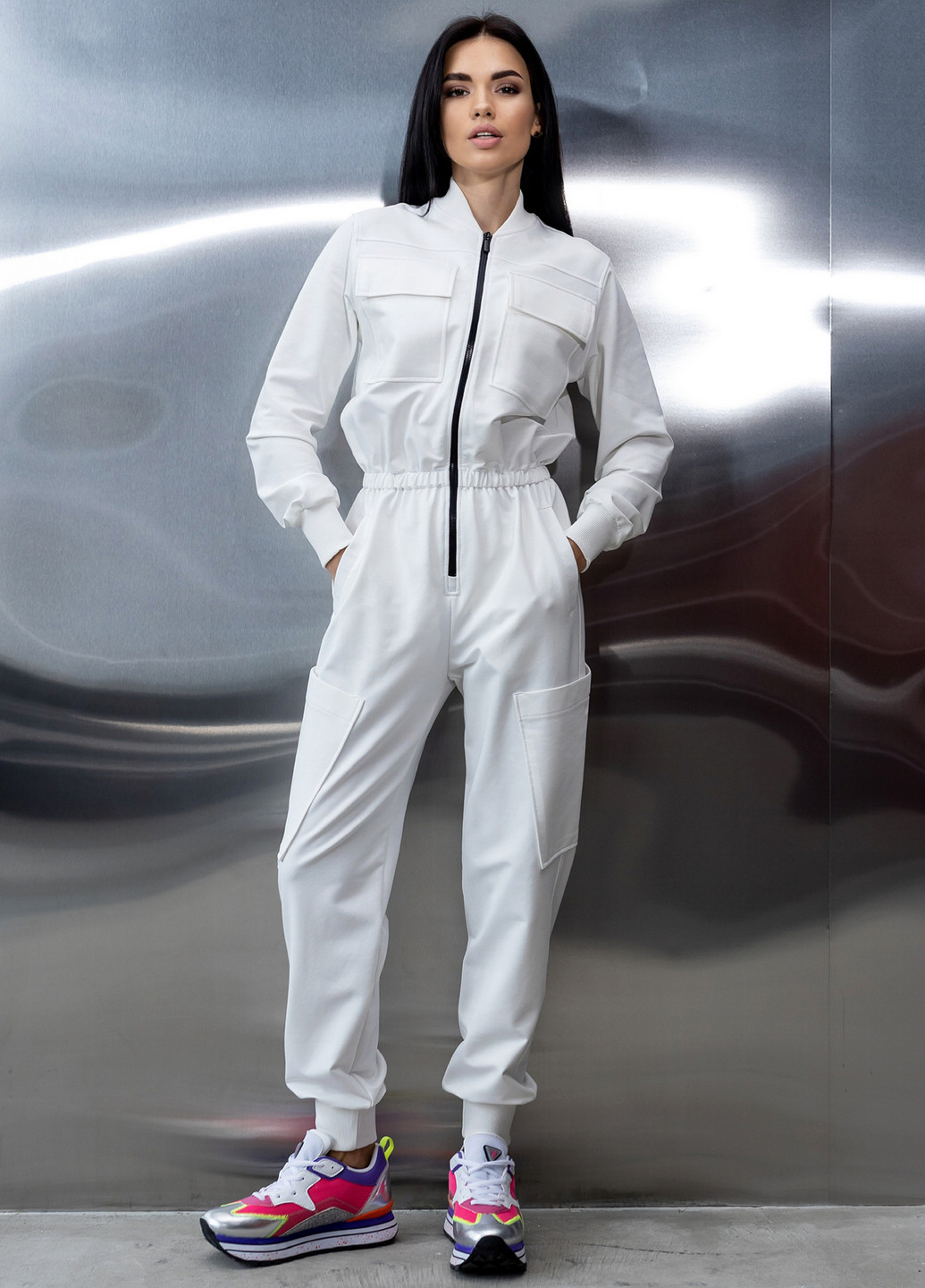 Хлопковый комбинезон с поясом и молнией TOTALFIT комбинезон-брюки однотонный белый кэжуал, спортивный двунитка, хлопок