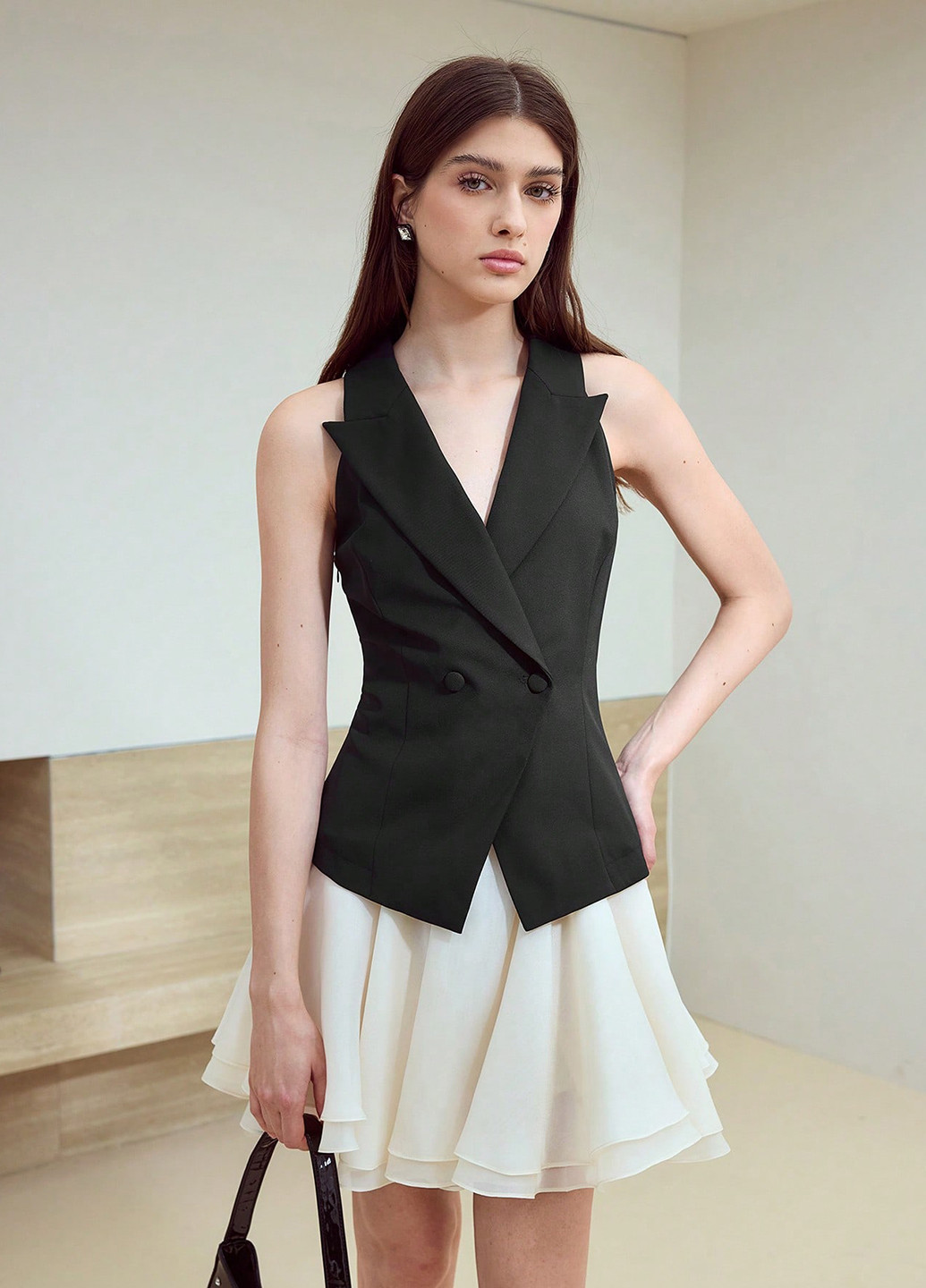 Черно-белое деловое, кэжуал платье клеш, на запах, платье-жакет SHEIN колор блок