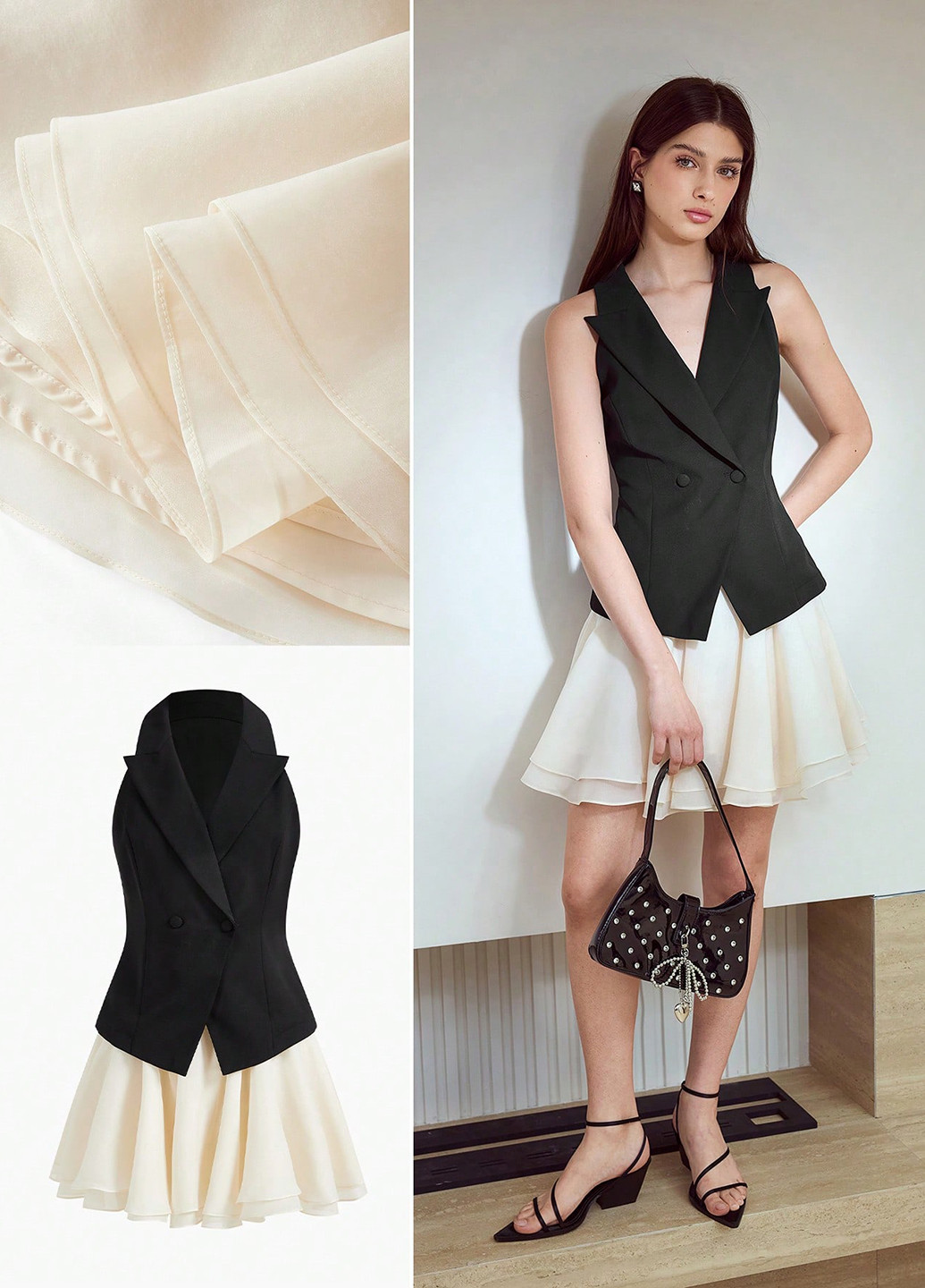 Черно-белое деловое, кэжуал платье клеш, на запах, платье-жакет SHEIN колор блок