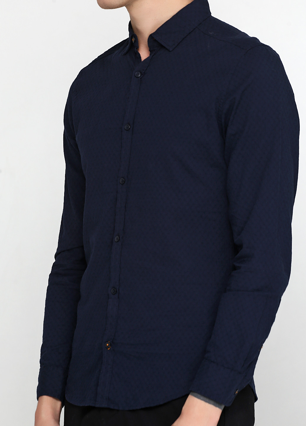 Темно-синяя кэжуал рубашка однотонная Kiabi с длинным рукавом