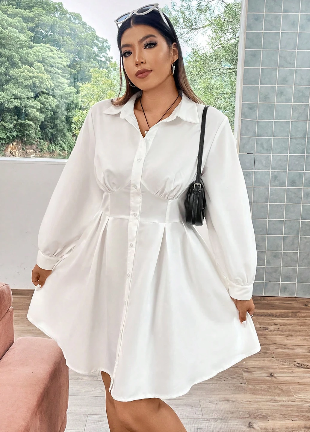 Белое кэжуал платье клеш, рубашка SHEIN однотонное