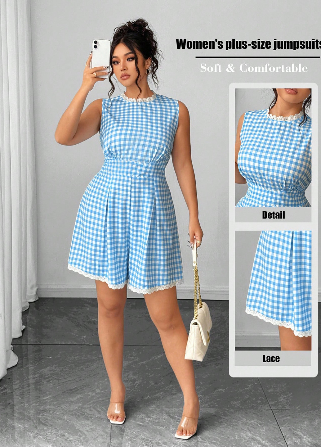 Комбинезон SHEIN комбинезон-шорты клетка синий кэжуал полиэстер