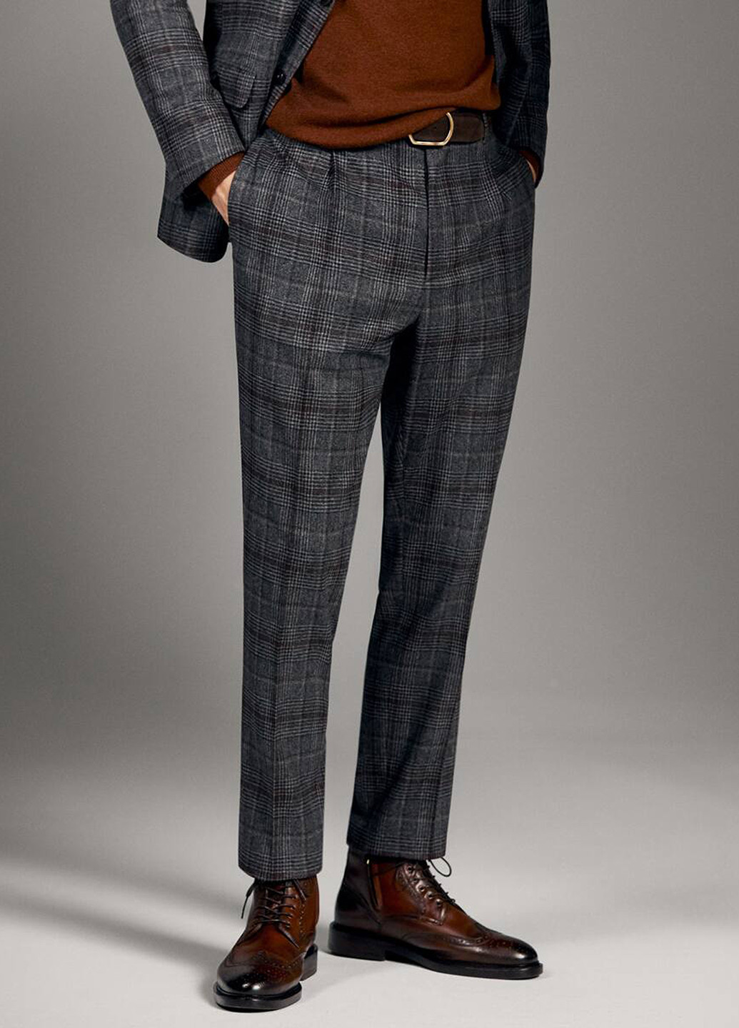 Серо-коричневые классические демисезонные зауженные брюки Massimo Dutti